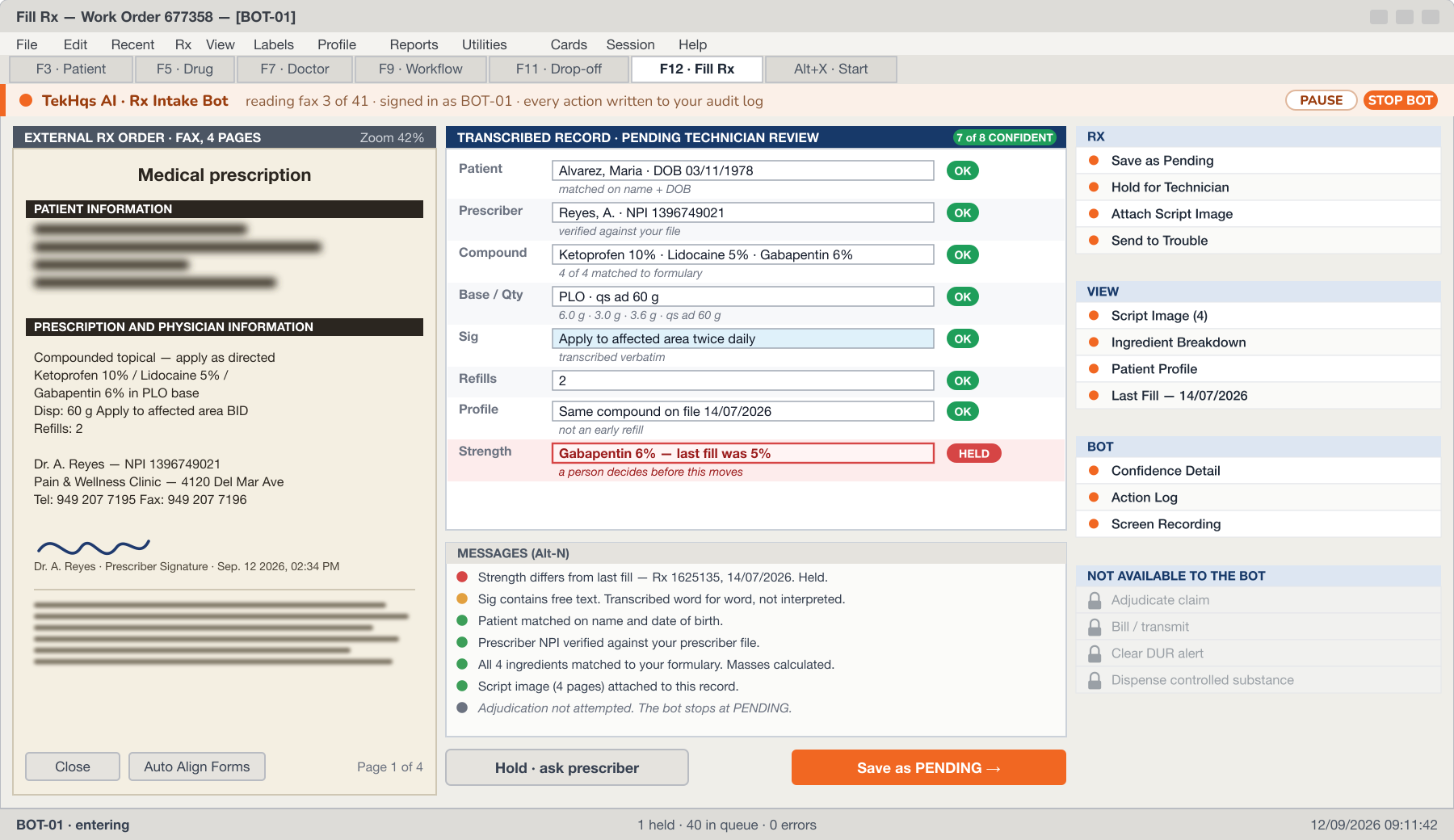 Prescription data entry automation: the Rx Intake Bot typing a compound prescription into a pharmacy management system as a pending record